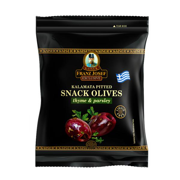 Franz Josef Kaiser Snack Kalamata olivy černé bez pecky s tymiánem a petrželí