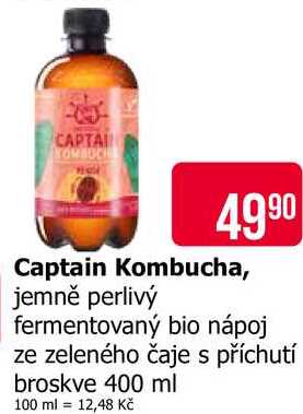 Captain Kombucha, jemně perlivý fermentovaný bio nápoj ze zeleného čaje s příchutí broskve 400 ml