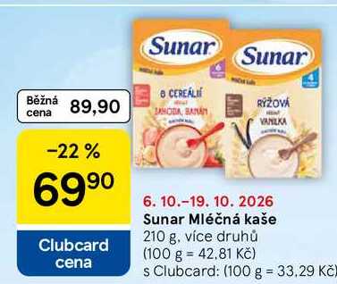 Sunar Mléčná kaše, 210 g, více druhů Tesco