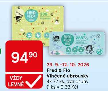 Fred & Flo Vlhčené ubrousky, 4x 72 ks, dva druhy