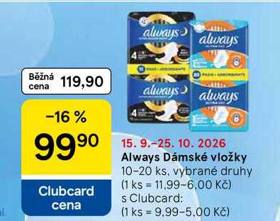 Always Dámské vložky, 10-20 ks, vybrané druhy