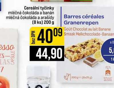 Cereální tyčinky mléčná čokoláda a banán mléčná čokoláda a arašídy (8 ks) 200 g