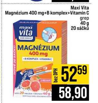 Maxi vita Magnézium 400 mg+B komplex+Vitamin C grep 40 g 20 sáčků JIP