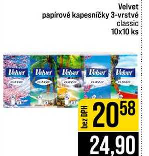Velvet papírové kapesníčky 3-vrstvé classic 10x10 ks