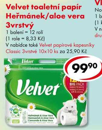 Velvet toaletní papír Heřmánek/aloe vera 3vrstvý, 12 rolí  