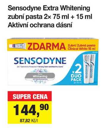 Sensodyne Extra Whitening zubní pasta 2x 75 ml + 15 ml Aktivní ochrana dásní Šlak