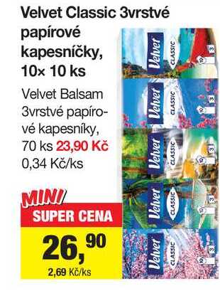 Velvet Classic 3vrstvé papírové kapesníčky, 10x 10 ks