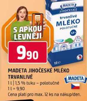 MADETA JIHOČESKÉ MLÉKO TRVANLIVÉ 1l 1,5 % tuku polotučné