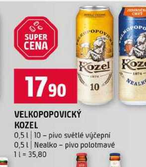 VELKOPOPOVICKÝ KOZEL 0,5l 10-pivo světlé výčepní 0,5l Nealko pivo polotmavé