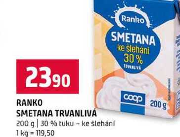 RANKO SMETANA TRVANLIVÁ 30% 200 g tuku ke šlehání