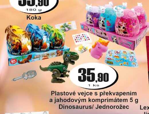Plastové vejce s překvapením a jahodovým komprimátem 5 g Dinosaurus/ Jednorožec
