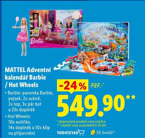 MATTEL Adventní kalendář Barbie /Hot Wheels