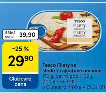 Tesco Filety ze sledě v rajčatové omáčce, 170 g. pevný podíl 102 g