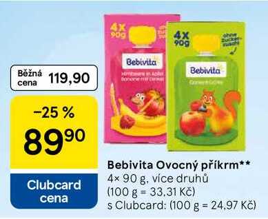 Bebivita Ovocný příkrm, 4x 90 g, více druhů Tesco