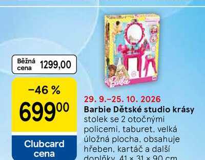 Barbie Dětské studio krásy stolek se 2 otočnými policemi, taburet. velká úložná plocha, obsahuje hřeben, kartáč a další doplňky 41 x 31 x 90 cm 