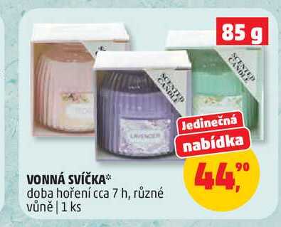 VONNÁ SVÍČKA doba hoření cca 7 h, různé vůně 1 ks Penny Market