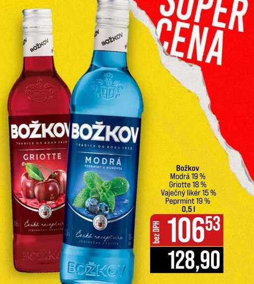 Božkov Modrá 19 % Griotte 18% Vaječný likér 15% Peprmint 19% 0,5l