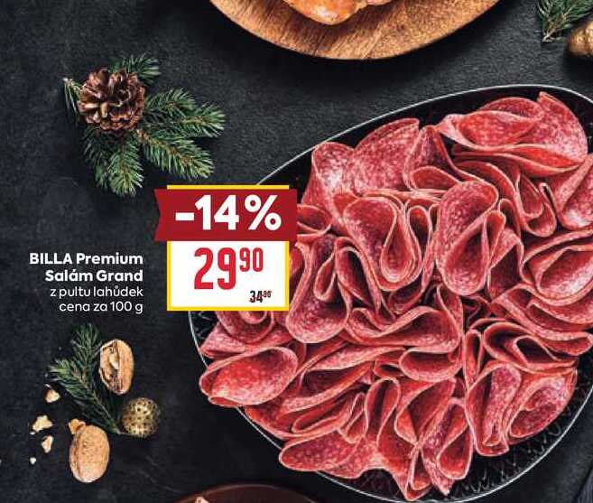 BILLA Premium Salam Grand z pultu lahůdek cena za 100 g 
