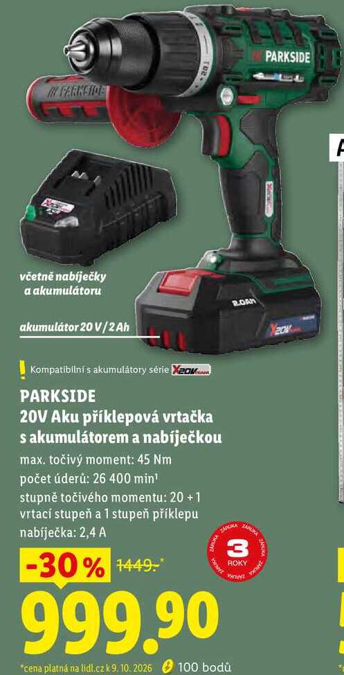 PARKSIDE 20V Aku příklepová vrtačka s akumulátorem a nabíječkou