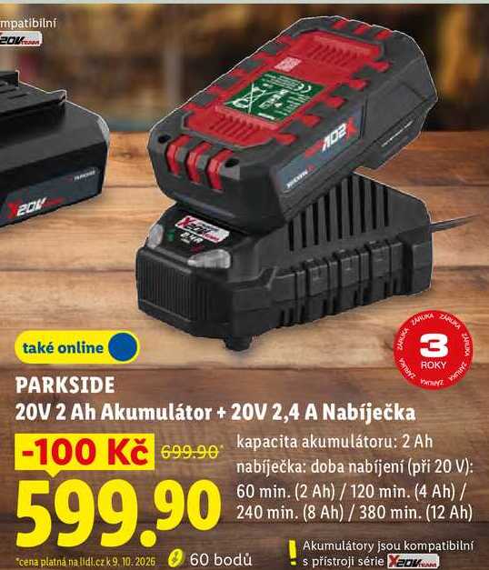 PARKSIDE 20V 2 Ah Akumulátor + 20V 2,4 A Nabíječka