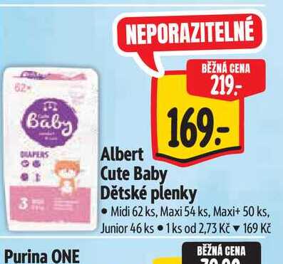 Albert Cute Baby Dětské plenky - Midi 62 ks, Maxi 54 ks, Maxi+ 50 ks, Junior 46 ks Albert