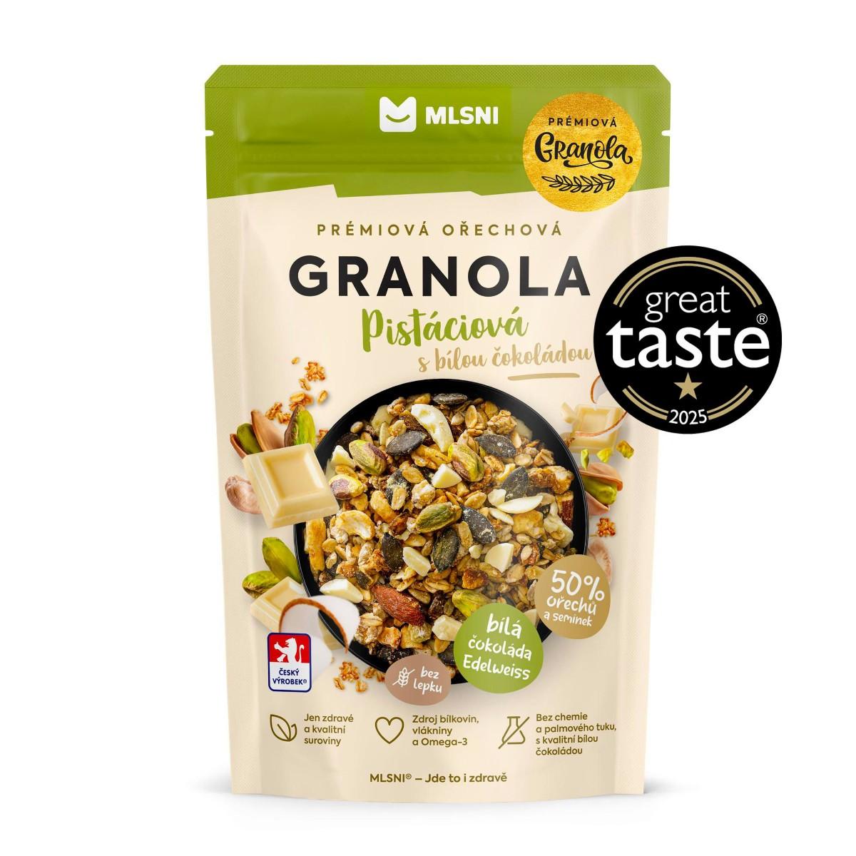 MLSNI Prémiová granola Pistáciová s bílou čokoládou, 400 g