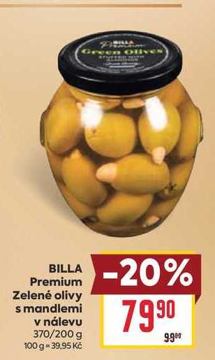BILLA Premium Zelené olivy s mandlemi v nálevu 370/200 g 