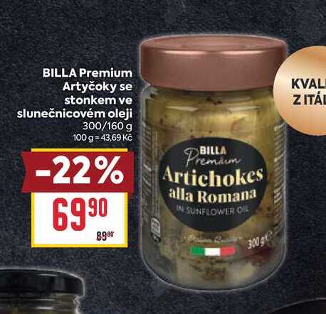 BILLA Premium Artyčoky se stonkem ve slunečnicovém oleji 300/160 g
