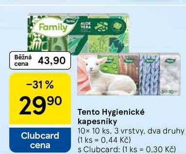 Tento Hygienické kapesníky, 10x 10 ks. 3 vrstvy, dva druhy Tesco