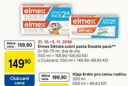 Elmex Dětská zubní pasta Double pack, 2x 50-75 ml, dva druhy Tesco