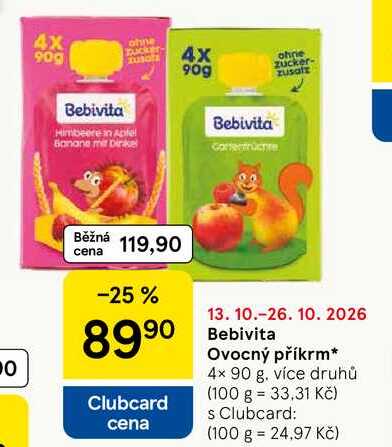 Bebivita Ovocný příkrm, 4x 90 g Tesco