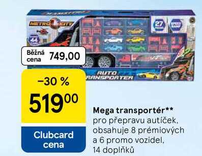 Mega transportér, pro přepravu autíček, obsahuje 8 prémiových a 6 promo vozidel. 14 doplňků