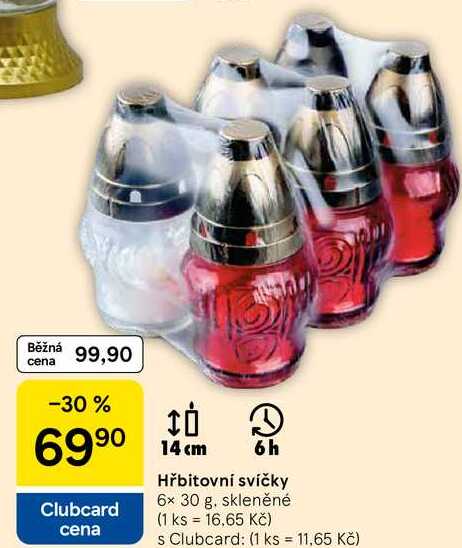 Hřbitovní svíčky, 6× 30 g. skleněné Tesco