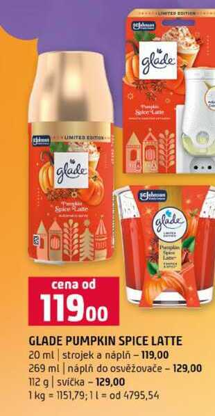 GLADE PUMPKIN SPICE LATTE 20 ml strojek a náplň 269 ml náplň do osvěžovače 112 g svíčka