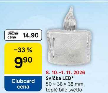 Svíčka LED, 50 x 38 x 38 mm, teplé bílé světlo Tesco