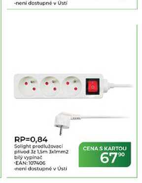 RP=0,84 Solight prodlužovací přívod 3: 1,5m 3x1mm 2 bílý vypínač