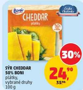 SÝR CHEDDAR 50% BONI plátky, vybrané druhy, 100 g
