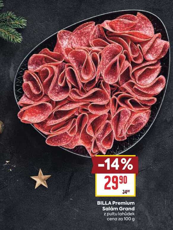 BILLA Premium Salam Grand z pultu lahůdek cena za 100 g