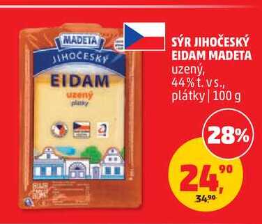 SÝR JIHOČESKÝ EIDAM MADETA uzený, 44% t.vs., plátky, 100 g