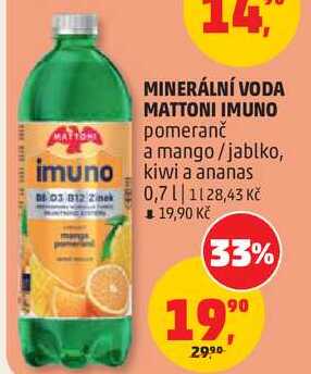 MINERÁLNÍ VODA MATTONI IMUNO pomeranč a mango/jablko, 0,7 l