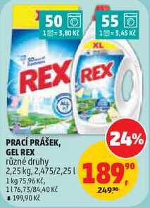 PRACÍ PRÁŠEK, GEL REX různé druhy, 2,25 kg, 2,475/2,25 l