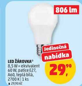 LED ŽÁROVKA 8,5W = ekvivalent 60 W, patice E27, A60, teplá bílá, 2700 K, 1 ks