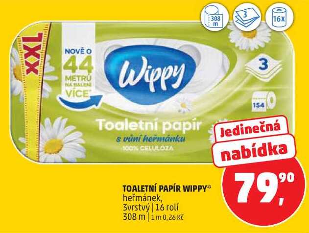 TOALETNÍ PAPÍR WIPPY heřmánek, 3vrstvý, 16 rolí