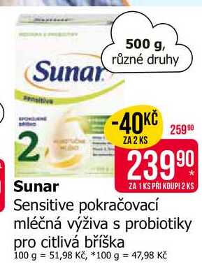 Sunar Sensitive pokračovací mléčná výživa s probiotiky pro citlivá bříška 500 g Teta drogerie