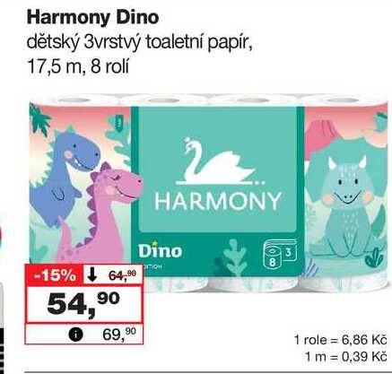 Harmony Dino dětský 3vrstvý toaletní papír, 17,5 m, 8 rolí