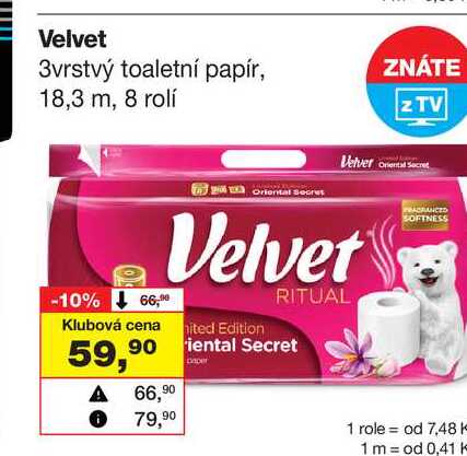 Velvet 3vrstvý toaletní papír, 18,3 m, 8 rolí 