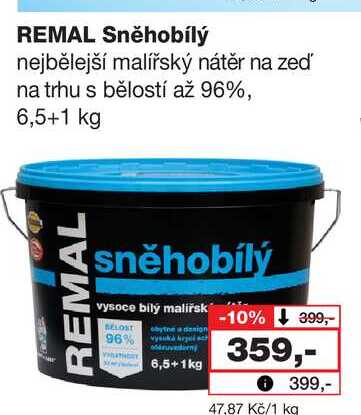 REMAL Sněhobílý nejbělejší malířský nátěr na zeď na trhu s bělostí až 96%, 6,5+1 kg