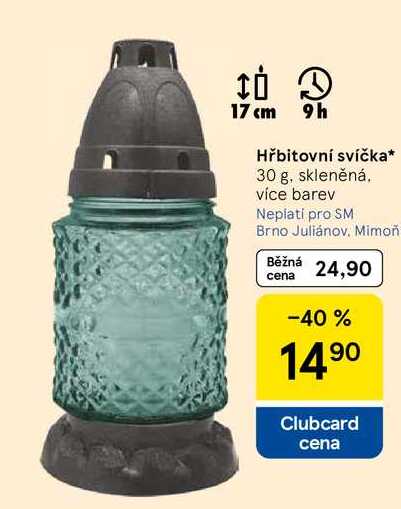 Hřbitovní svíčka, 30 g, skleněná, více barev