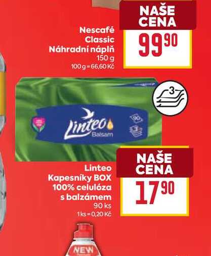 Linteo Kapesníky BOX 100% celulóza s balzámem 90 ks BILLA