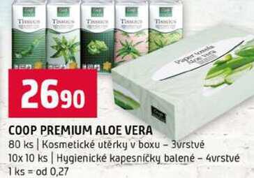 COOP PREMIUM ALOE VERA 80 ks Kosmetické utěrky v boxu 3vrstvé 10x 10 ks Hygienické kapesníčky balené 4vrstvé